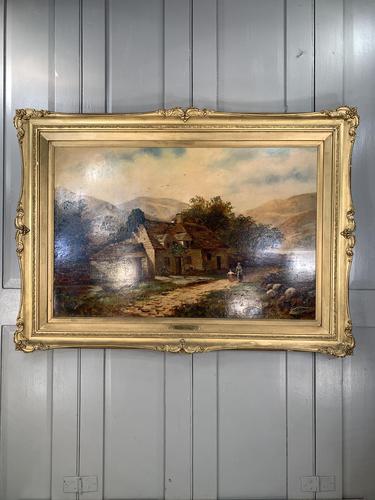 Antique Victorian large landscape oil painting in gilt gesso frame by E Yates (1 of 10) Antique Victorian large landscape oil painting in gilt gesso frame by E Yates (1 of 10)