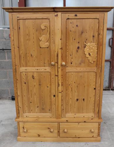 1960s Country Pine 2 Door Wardrobe with Base Drawers and Carved Detail (1 of 5)