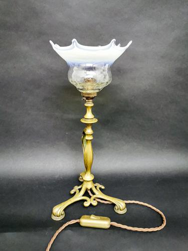 Art Nouveau Brass Lamp with Glass Shade (1 of 6)