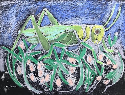Original mixed media painting 'Grasshopper' by Toby Horne Shepherd 1909-1993. Signed c.1960 (1 of 2) Original mixed media painting 'Grasshopper' by Toby Horne Shepherd 1909-1993. Signed c.1960 (1 of 2)