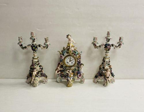 Antique Victorian 3 Piece Meissen Clock Set (1 of 3)