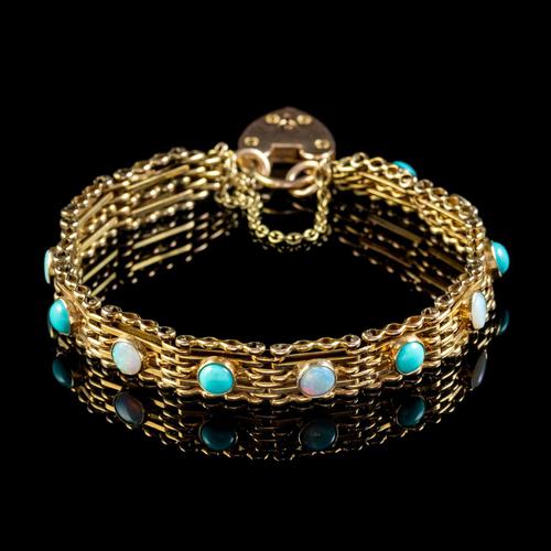 Antique Edwardian Opal Turquoise Gate Bracelet 9ct Gold Walker & Hall c.1901 (1 of 7)