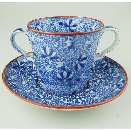 Pearlware Pottery Blue & White Transferware Loving Cup & Saucer c.1810 (1 of 8)