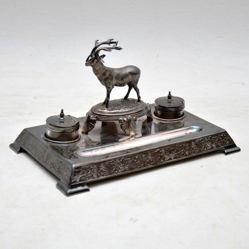 Antique Silver Plate Stag Inkwell Stand by  James Deakin (1 of 8)