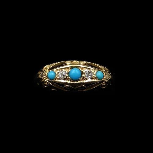 Antique Turquoise and Diamond Five Stone Scroll Boat 18ct 18K Yellow Gold Ring (1 of 10) Antique Turquoise and Diamond Five Stone Scroll Boat 18ct 18K Yellow Gold Ring (1 of 10)