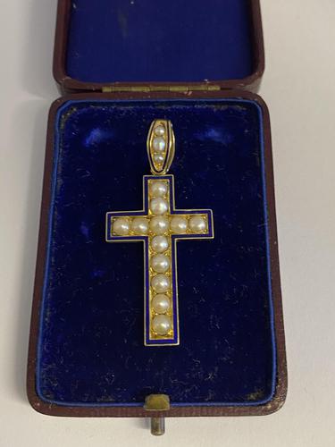 Antique Victorian 15ct Blue Enamel & Pearl Memorial Cross (1 of 6) Antique Victorian 15ct Blue Enamel & Pearl Memorial Cross (1 of 6)