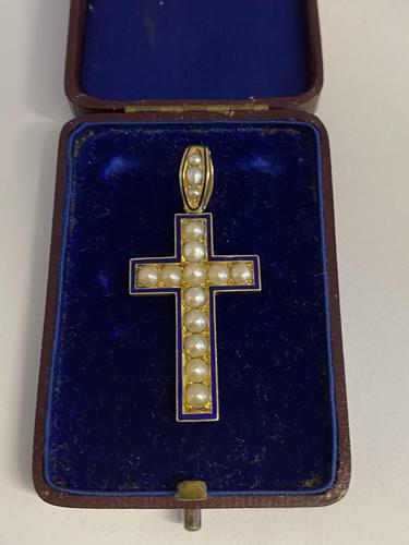 Antique Victorian 15ct Blue Enamel & Pearl Memorial Cross (1 of 6)