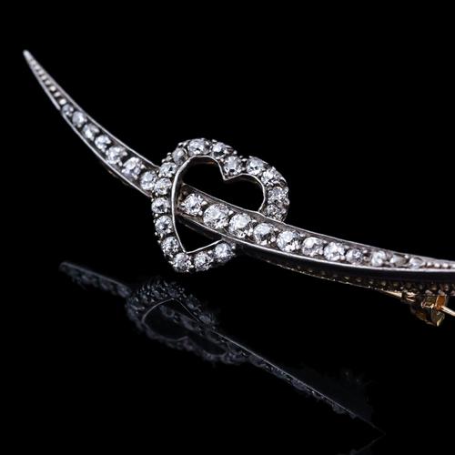 Antique Victorian Diamond Heart & Crescent Brooch 14K Gold - c.1900 (1 of 14)