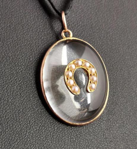 Antique Victorian Rock Crystal Pendant Gold Horseshoe, Split Pearl (1 of 14)