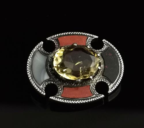 Antique Scottish Agate and Citrine Brooch, Sterling Silver (1 of 11)