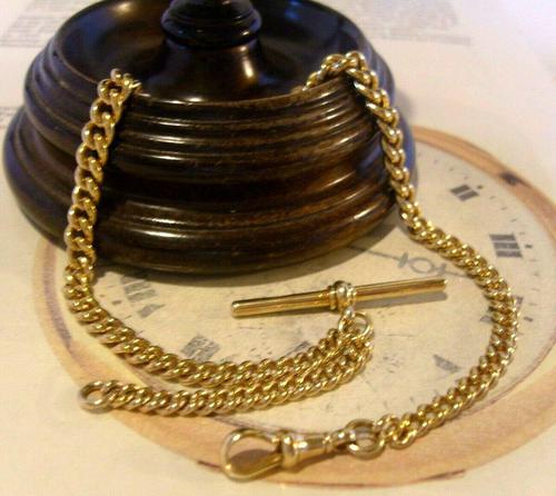 Antique Pocket Watch Chain 1890s Victorian Large 14ct Gold Filled Albert With T Bar (1 of 12)