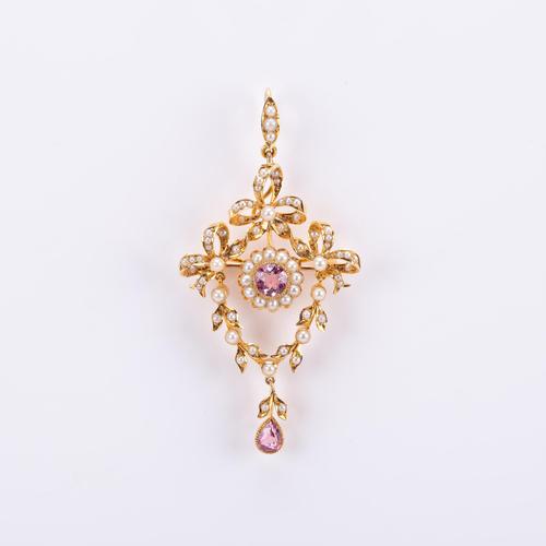 Antique Edwardian 1.07 Carat Pink Tourmaline & Pearl Pendant c.1901 (1 of 6)