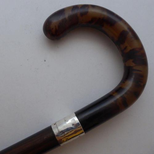 Walking Stick Cane Silver Collar Rosewood Shaft Tortoise Shell Handle (1 of 10)