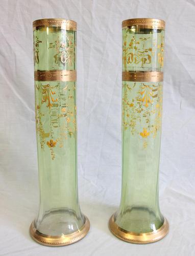 Antique Pair Moser Karlsbad Tall Green Glass Vases (1 of 10)