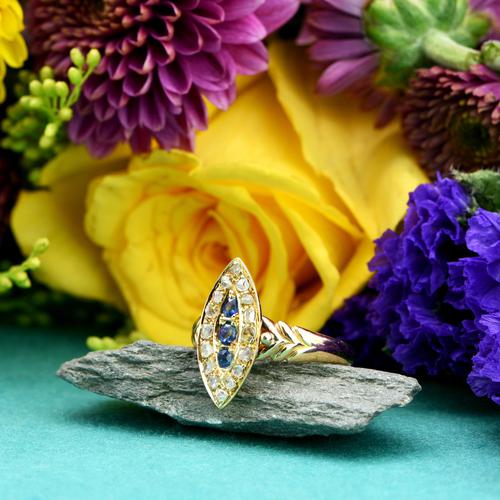 The Antique Edwardian 1905 Sapphire & Diamond Navette Gold Ring (1 of 7)