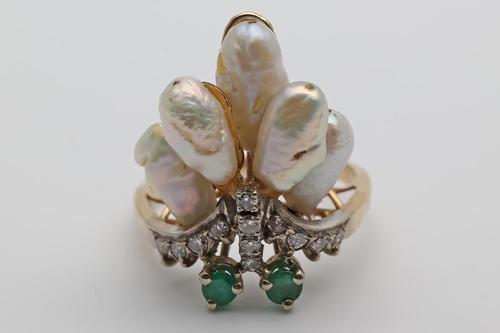 Baroque Pearls, Diamonds & Emerald 14k Gold Ring (1 of 4) Baroque Pearls, Diamonds & Emerald 14k Gold Ring (1 of 4)