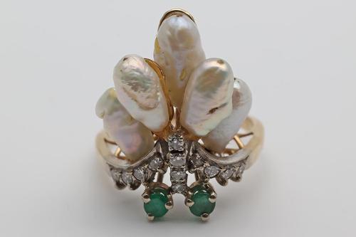 Baroque Pearls, Diamonds & Emerald 14k Gold Ring (1 of 4)