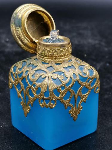 Old Palais Royal Blue Opaline Glass Perfume Bottle with a Miniature of Paris (1 of 6)