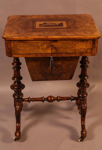 Good Victorian Ladies Sewing Table inlaid with castle ruins (1 of 10)