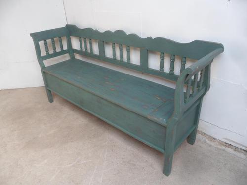 Lovely Emerald Green 3 Seater Antique Pine Kitchen / Hall Box Settle / Bench (1 of 10)