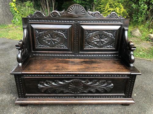 Antique English Carved Oak Hall Bench Settle (1 of 10)