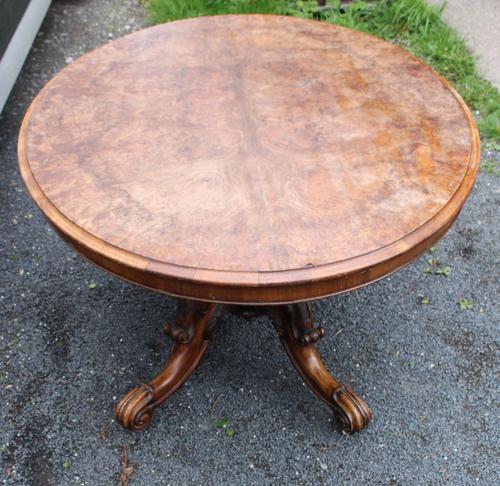 1880's Burr Walnut Loo Table Top with Ornate Base (1 of 5)