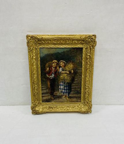 Antique Style Oil on Canvas 'Boy and Girl' in Gilt Frame (1 of 4)