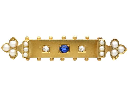 0.18ct Sapphire, Diamond & Pearl, 18ct Yellow Gold Bar Brooch - Antique Victorian c.1890 (1 of 9) 0.18ct Sapphire, Diamond & Pearl, 18ct Yellow Gold Bar Brooch - Antique Victorian c.1890 (1 of 9)