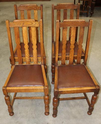 1930's Set of 4 Oak Dining Chairs with Brown Leather Pop out Seats (1 of 2)