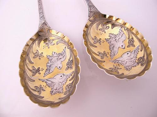 Fab Victorian fruit spoons, amazing songbird decoration Thomas Prime & Son London c.1880 (1 of 7)