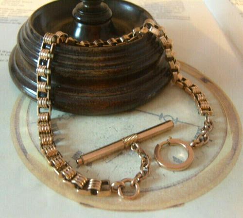 Antique Pocket Watch Chain 1890s Victorian 10ct Rose Gold Filled Albert With Key T Bar (1 of 12)