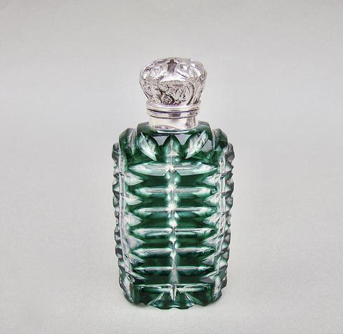 Fabulous Victorian silver & Bristol emerald green overlay bohemian glass scent bottle c.1800 (1 of 7)