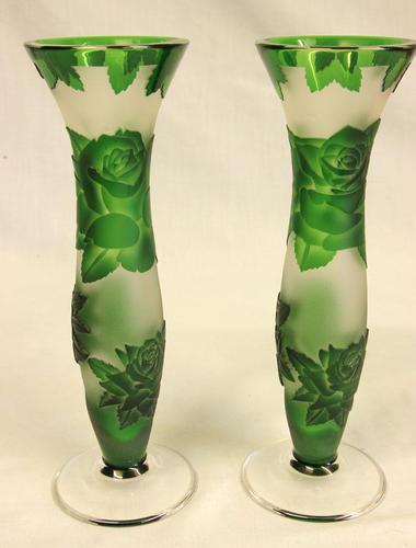 Pair of Green Cameo Glass Vases (1 of 3)