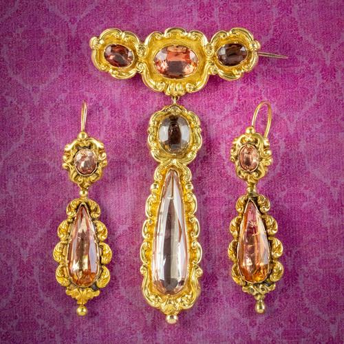 Antique Georgian Brooch & Earring Set 18ct Gold Pink Quartz + Paste Circa 1800 Boxed (1 of 11)