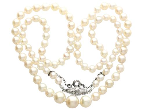 Single Strand Natural Pearl Necklace with 0.30ct Diamond Set Clasp c.1930 (1 of 12)