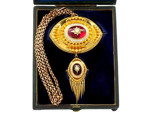 6.20ct Garnet, Pearl & Enamel, 18ct Yellow Gold Pendant / Brooch - Antique c.1880 (1 of 15) 6.20ct Garnet, Pearl & Enamel, 18ct Yellow Gold Pendant / Brooch - Antique c.1880 (1 of 15)