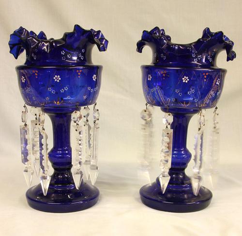 Antique Victorian Pair of Bristol Blue Mantle Lustres (1 of 7)