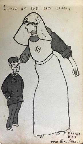 Original pen and wash drawing of a 1st World War nurse and a man in a cap titled 'Chips of the old block'. Signed D. Parker of the Highland Light Infantry. Dated 18.3.1916 (1 of 1) Original pen and wash drawing of a 1st World War nurse and a man in a cap titled 'Chips of the old block'. Signed D. Parker of the Highland Light Infantry. Dated 18.3.1916 (1 of 1)