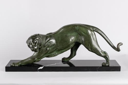 Stunning French Art Deco Green Patinated Spelter Sculpture of Panther, Signed PLAGNET (1 of 6)