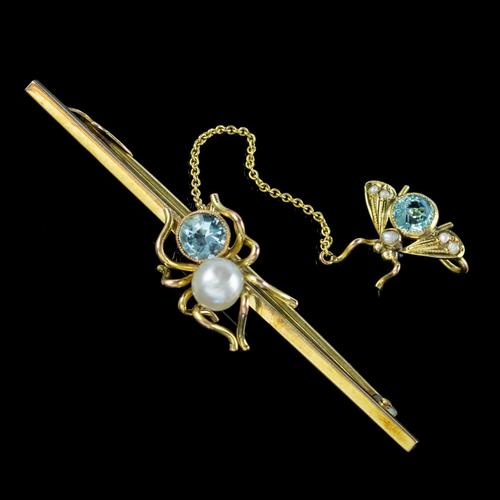 Antique Victorian Aquamarine Pearl Spider & Fly Brooch 9ct Gold c. 1900 (1 of 4) Antique Victorian Aquamarine Pearl Spider & Fly Brooch 9ct Gold c. 1900 (1 of 4)