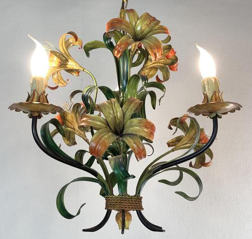 Vintage French 3 Arm Tied Bouquet Lilies Toleware Ceiling Light Chandelier (1 of 10)