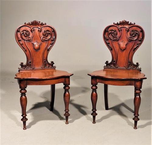 Mid 19th Century Pair of Well Carved Mahogany Hall Chairs (1 of 6)