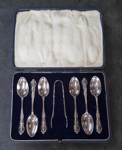 Cased Set of 6 Silver Teaspoons & Tongs (1 of 4)