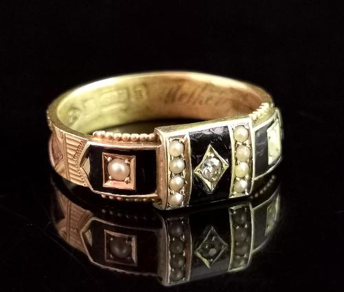 Victorian Diamond Mourning Ring, 15ct Gold, Black Enamel and Pearl, Hairwork (1 of 13)