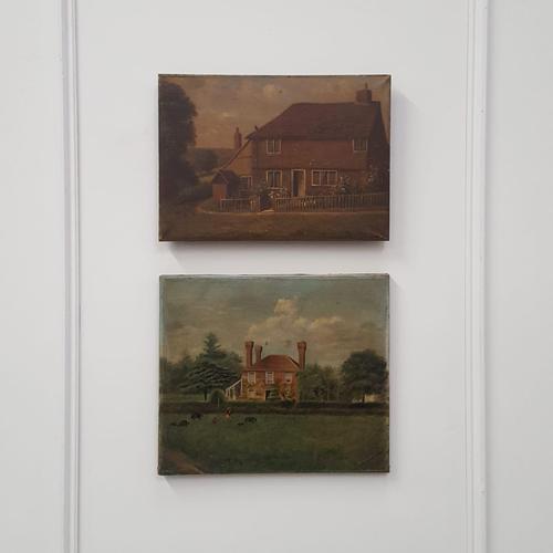 Pair of Primitive Antique Oil Paintings of Houses (1 of 6) Pair of Primitive Antique Oil Paintings of Houses (1 of 6)