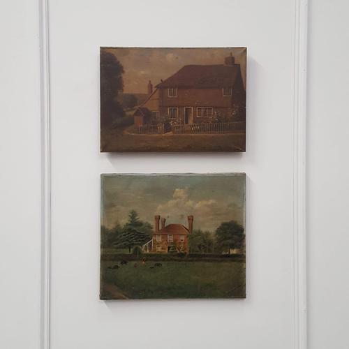 Pair of Primitive Antique Oil Paintings of Houses (1 of 6)