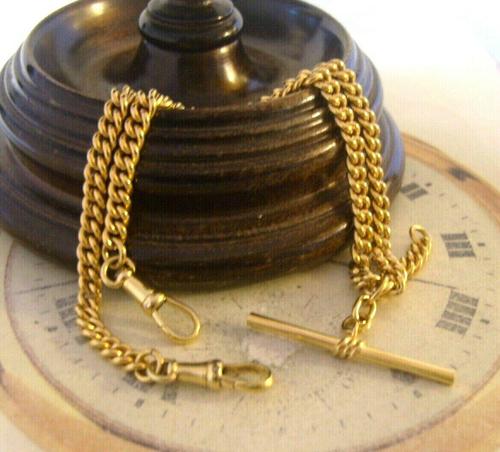 Vintage Pocket Watch Chain 1950s 14ct Rolled Gold Double Albert With Sliding T Bar (1 of 11)