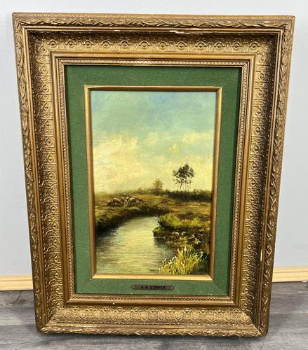 Vintage Oil Painting Landscape Sheep River Scene Signed 1930 A.S. Edwin (LOT 3879) (1 of 15)