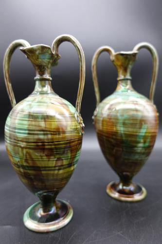 Attractive Pair of Mid 19th Century Agateware High-Handled Vases (1 of 5) Attractive Pair of Mid 19th Century Agateware High-Handled Vases (1 of 5)