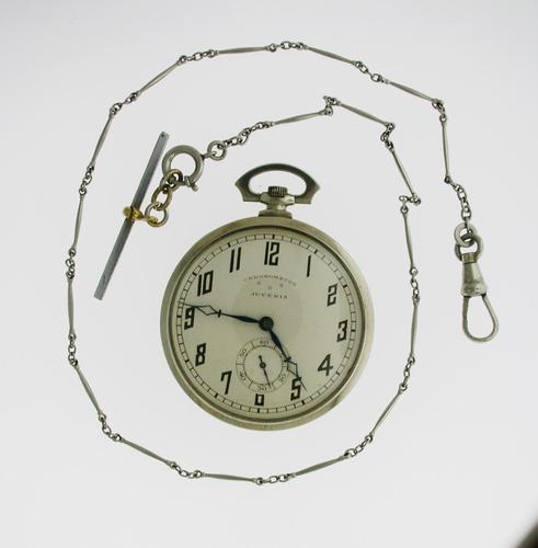 Juvenia Art Deco Nickel Plated Open Face Pocket Watch with Chain Swiss 1925 (1 of 7) Juvenia Art Deco Nickel Plated Open Face Pocket Watch with Chain Swiss 1925 (1 of 7)